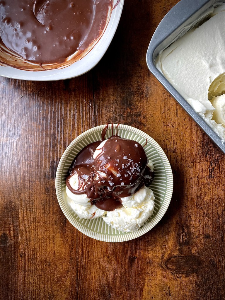 NoChurn Olive Oil Ice Cream With Hot Fudge from a small kitchen